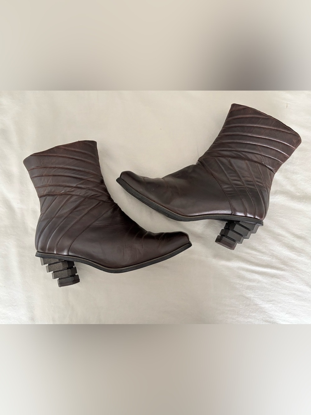 EJECT Brown Quilted Leather Ankle Boots with Stacked Geometric Heel - Like-New
